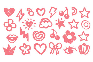 Punk girl doodle graffiti set. cute crayon hearts, cherries, bows, rockstar grunge icons, Y2K sketch tattoos, chalk scribble style. Vector Clipart Vector Illustration.