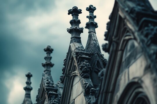 Gothic architectural spires stand tall against a dramatic cloudy sky, capturing the grandeur and mystery of historical artistry and craftsmanship.