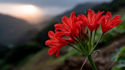 Vibrant red flowers at sunset