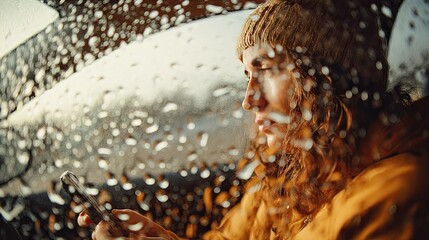 Woman sitting in a parked car during a rainy day, using smartphone with raindrops on windows