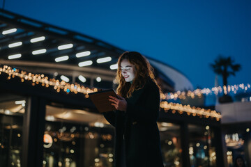 A young woman smiling while using a tablet, illuminated by festive lights in a cityscape at...