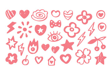 Punk girl doodle graffiti set. cute crayon hearts, cherries, bows, rockstar grunge icons, Y2K sketch tattoos, chalk scribble style. Vector Clipart Vector Illustration.