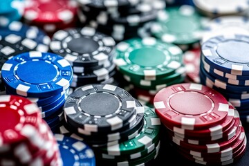 Vibrant poker chips scattered on a table, representing the thrill and high stakes of the game amidst a lively casino atmosphere.