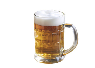 A mug of beer with a thick white head of foam sits against a stark black background in a studio shot