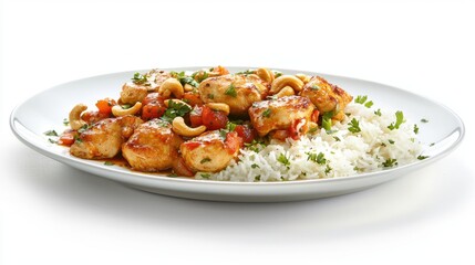 A white plate filled with tender chicken sauted with cashew nuts and steamed rice, presented on a clean white background
