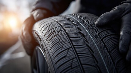 Close-up view of a person inspecting a automotive tire during daylight hours for wear and safety
