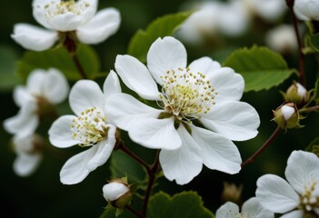 Fototapeta premium There are many white flowers blooming in the tree