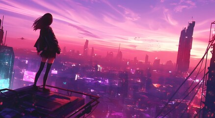 Naklejka premium Cityscape Gaze: Girl on rooftop surveys futuristic metropolis under vibrant sunset.