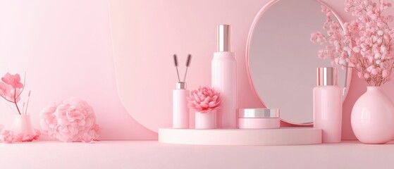Pink Cosmetic Product Display with Flowers and Mirror for Beauty and Skincare Marketing Campaign Studio Shot