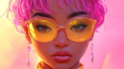 Fototapeta premium Artistic portrait of a woman with pink hair and yellow-tinted glasses.