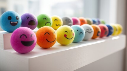 Colorful emotion balls on display in a bright indoor setting showcasing various facial expressions