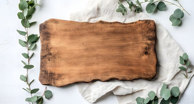 Rustic wooden board atop a cloth, framed by verdant eucalyptus foliage.
