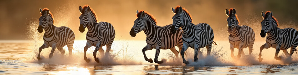 Fototapeta premium A group of zebras splashing through a shallow river, frozen motion in sunlight, wildlife beauty. National Geographic style, LinkedIn background.