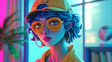 Stylish person with yellow glasses and a hat poses in a colorful setting.