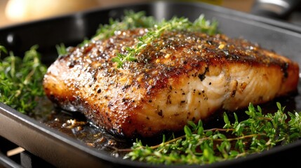 Succulent salmon fillet glazed with balsamic sauce and garnished with thyme served on a white plate against a warm wooden backdrop.