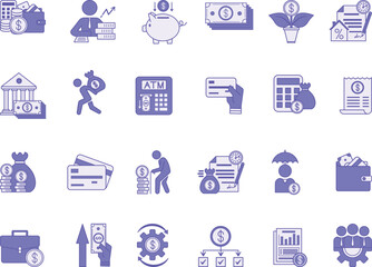 Colored Personal Finance Icon Set. Vector Illustrations Budget, Investments, Expenses, Income, Tax, Credit, Wallet, Piggy Bank, Mortgage, Cash, Debt, Pension, Salary, and Others