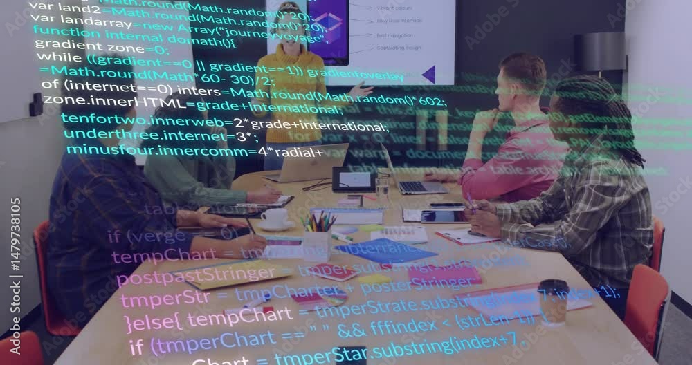 Poster team collaborating in tech meeting, presenting mobile interface with floating code snippets