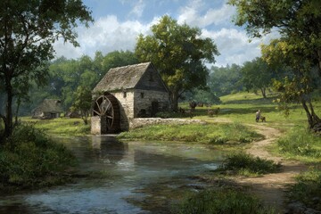 Historic watermill along a stream, tranquility
