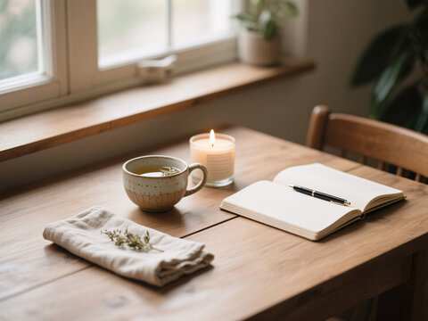 Cozy Morning Scene with Herbal Tea in Ceramic Cup, Lit Soy Candle, Journal and Linen Napkin on Wooden Table by Window – Natural Light and Feminine Wellness Vibes