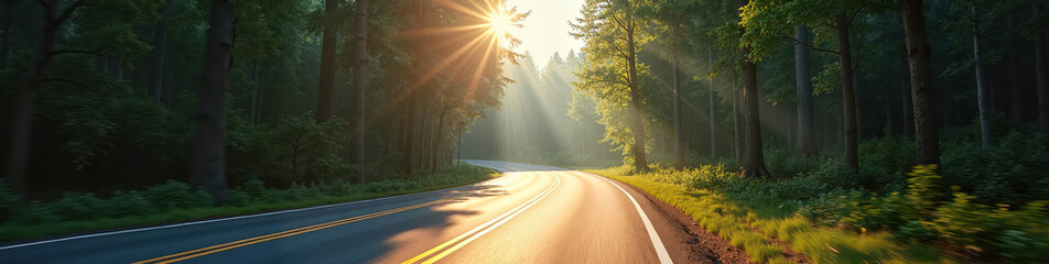 Winding road through dense forest with sun rays breaking through trees, serene ambiance. LinkedIn banner showcasing nature's beauty and tranquility concept.