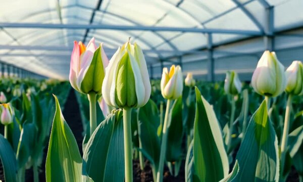 tulips in the bud development stage. Annual flower seedlings in the greenhouse