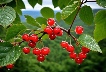 Fototapeta premium Many red berries hang from the branches