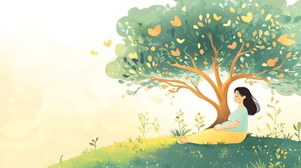 Woman relaxing under a tree with heart-shaped leaves in a peaceful meadow.