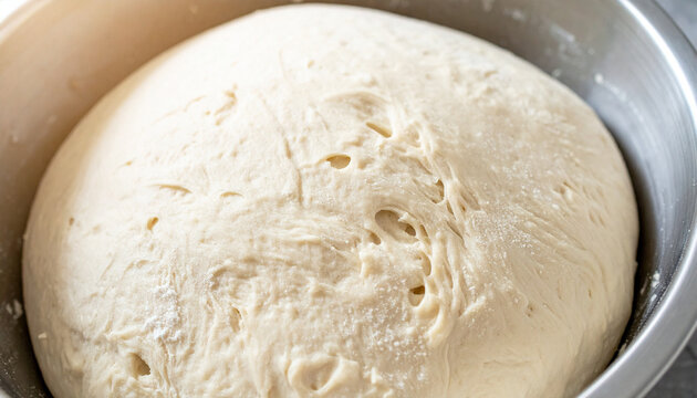 Freshly kneaded dough rising in bowl, showcasing its airy texture and fermentation process, perfect for baking delicious bread or pastries