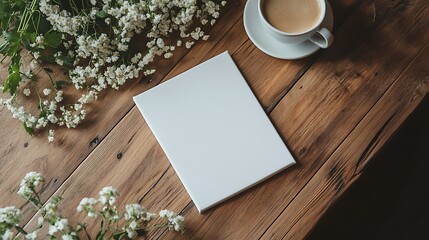 Artwork with Canvas: Flowers and Latte on Rustic Wood Surface, Top View