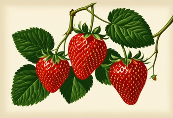There are three strawberries on the branches with leaves on them