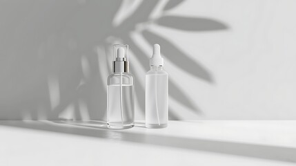 Minimalist skincare bottles on a white surface with soft lighting and shadow play