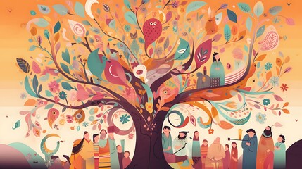 Illustrative family tree with whimsical design and intergenerational figures