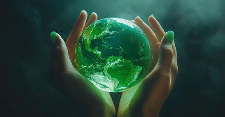 Green Globe Held in Hands Representing Earth Care and Environmental Protection