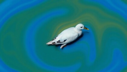Serene white bird resting on an abstract swirl of blues and greens backdrop