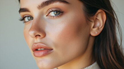 Fototapeta premium Close-Up Portrait of a Woman with Beautiful Eyes and Natural Makeup in Soft Light