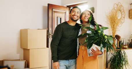 Couple, boxes and moving in with new home, front door and finance investment together. Excited man, woman and smile with property, real estate or house for mortgage loan, commitment and success