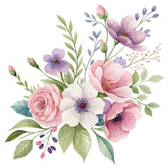 Watercolor floral bouquet of roses and anemones isolated ontransparent background, illustration