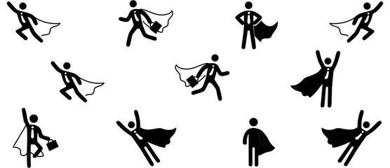 Superhero business pictogram man icon set. Superhero businessman flying stick figure. Victory worker, employer pictogram person. Vector illustration