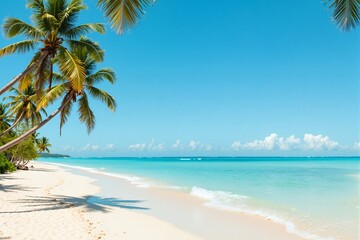 Obraz premium Tropical beach with palm trees and clear blue ocean under sunlight 