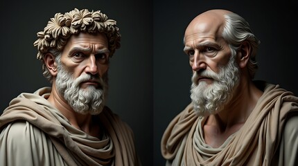 Portraits of stoic ancient philosophers, such as Marcus Aurelius and Seneca, set against somber, high-contrast backgrounds