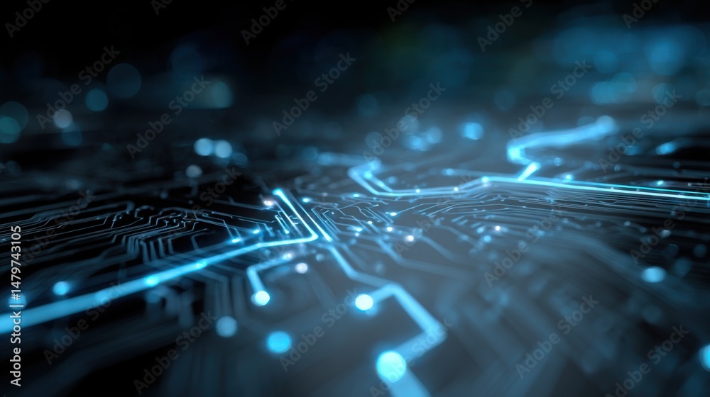 Poster close-up view of a glowing circuit board displaying intricate patterns of electronic connections and
