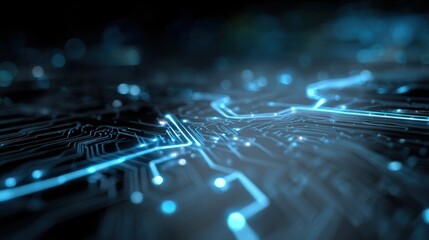 Close-up view of a glowing circuit board displaying intricate patterns of electronic connections and technology
