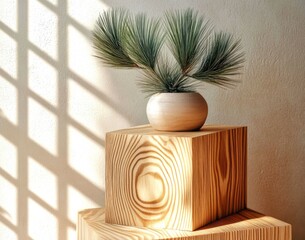 Wood podium and palm branch with shadows on a wall. Concept scene stage showcase for new product, promotion sale, banner