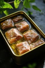 Canned tuna in olive oil, close-up, high angle, studio shot, healthy food, gourmet, food photography, canned seafood