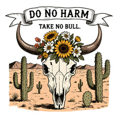 Bull Skull with Floral Crown on Transparent Background - obrazy, fototapety, plakaty