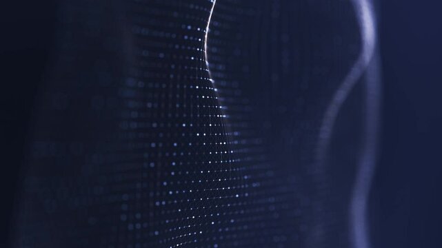 Elegant dark blue gradient presentation background, grid of blurred connected white dots, flowing pattern, digital data stream design for modern abstract visuals, Copy space