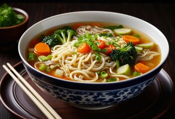 A bowl of noodle dishes with chopsticks was placed on the table