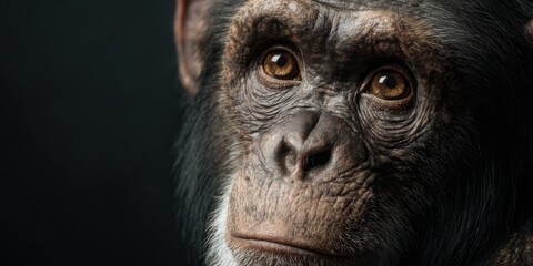Close-up view of a chimpanzee showcasing its expressive eyes and textured fur in a studio setting during evening hours
