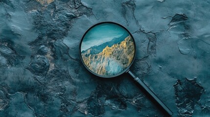 Magnifying glass focusing on mountain range