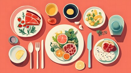 Overhead shot of vibrant, colorful dishes, bowls and cutlery on a pastel background